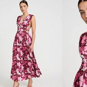 NWT Express Floral Satin Strappy Pleated V-Neck Sleeveless Cutout Maxi Dress